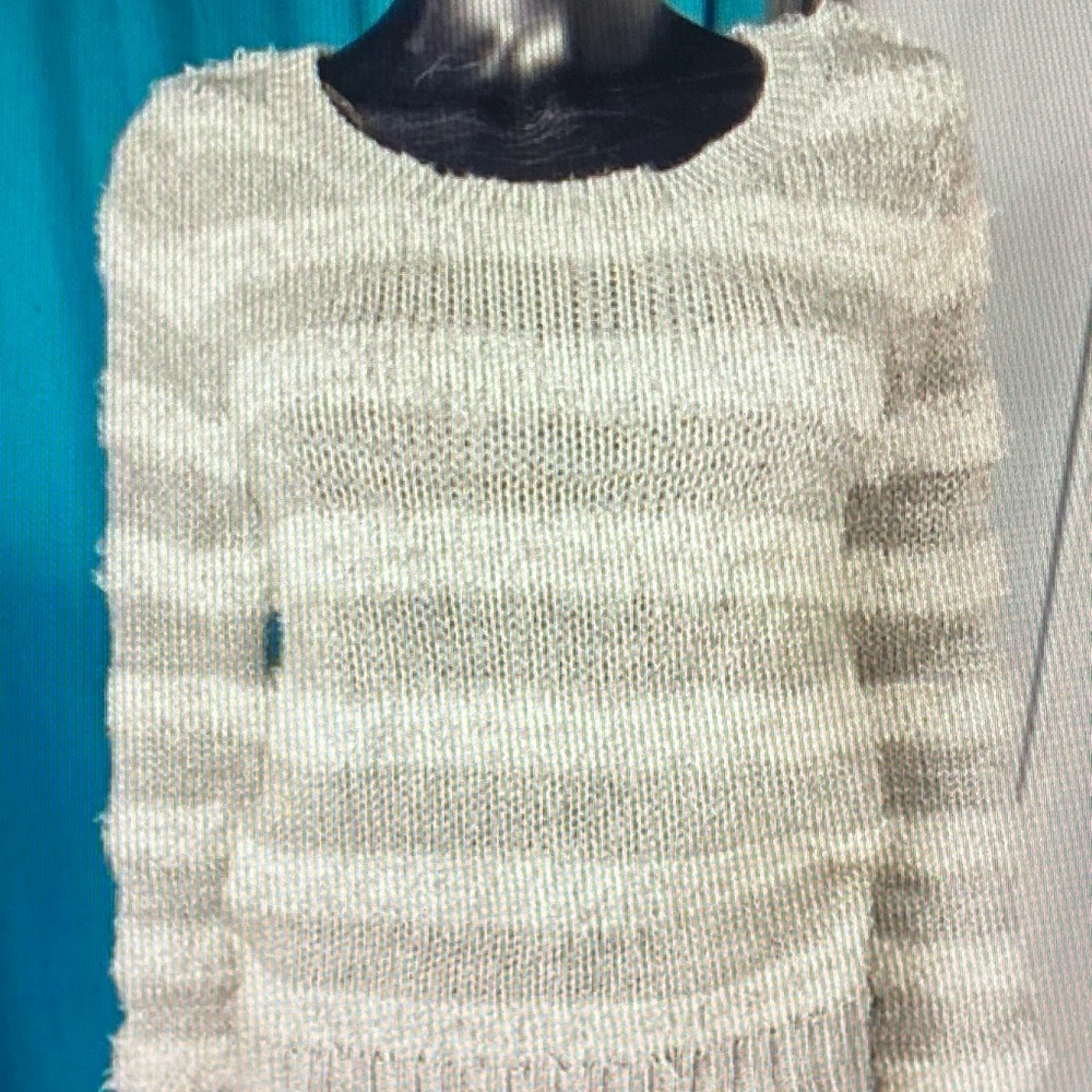 FANG Cream and Light Gray Striped Fuzzy Crewneck Sweater